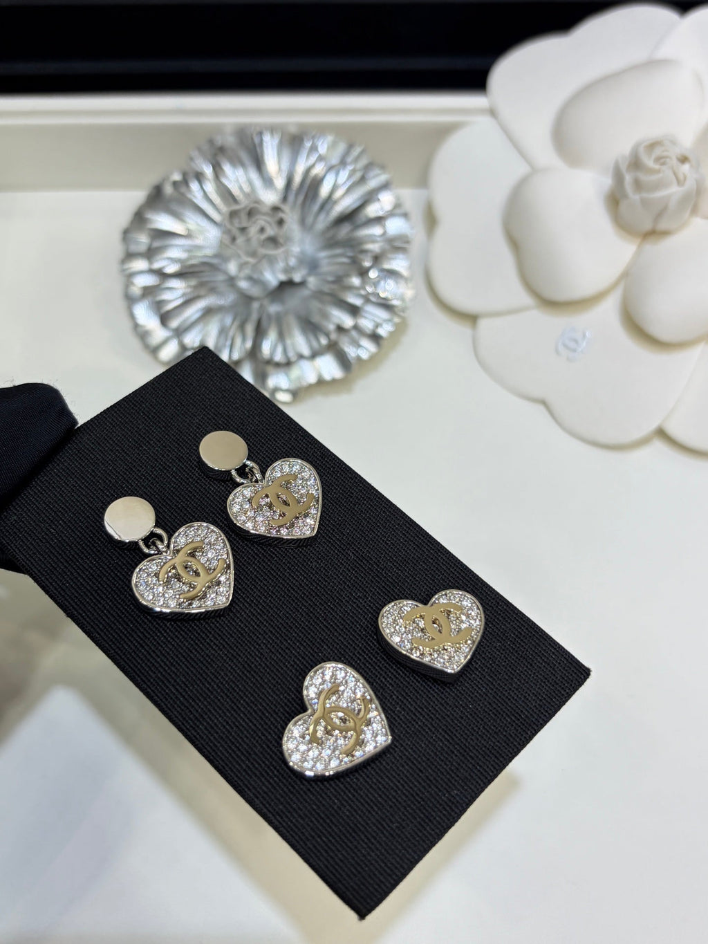 Chanel 2026 Double C Full Diamond Heart Pendant Button Earrings
