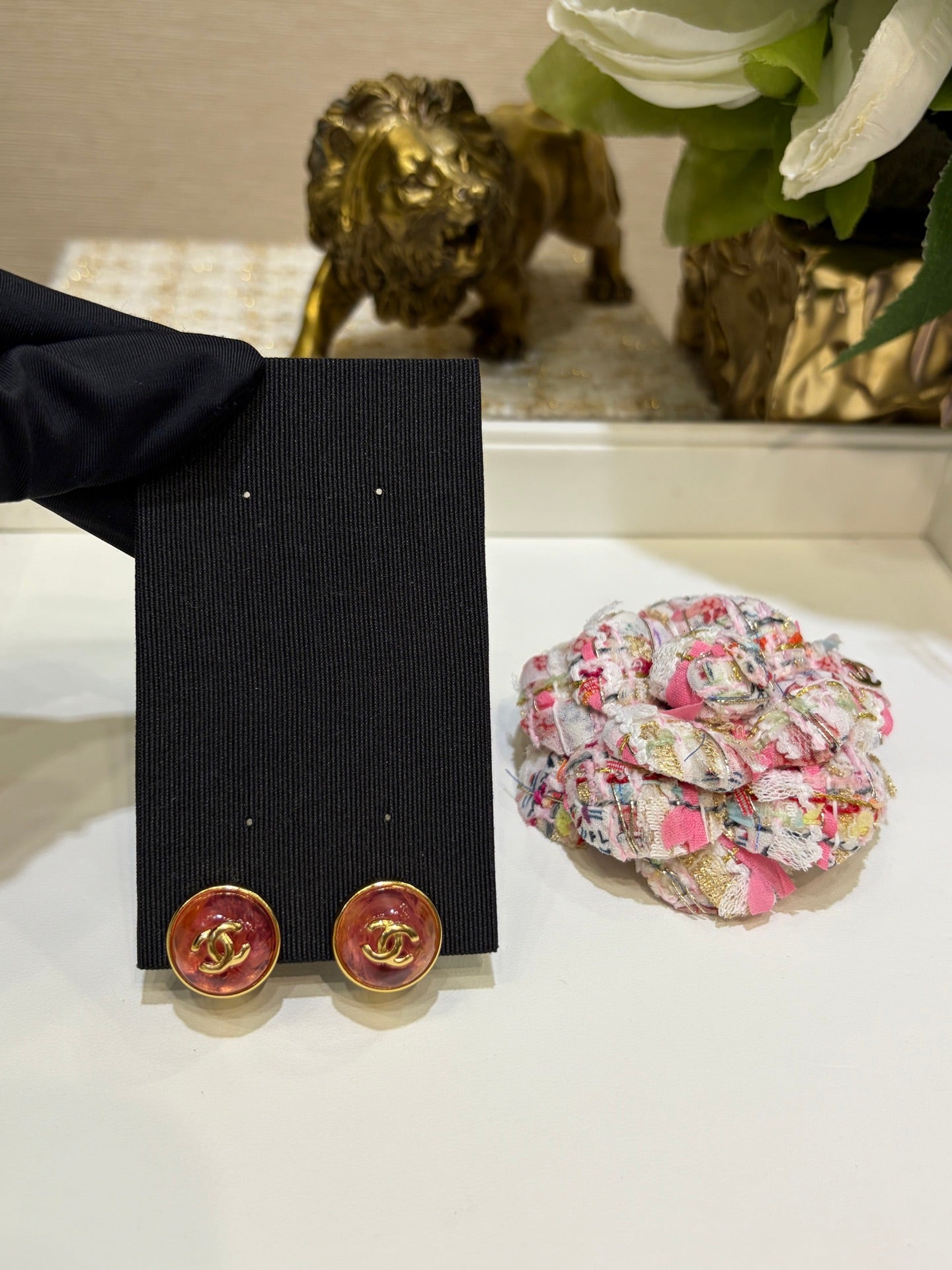 Chanel Gripoix Earrings With Gold Chanel Logo And Red Glass Stones