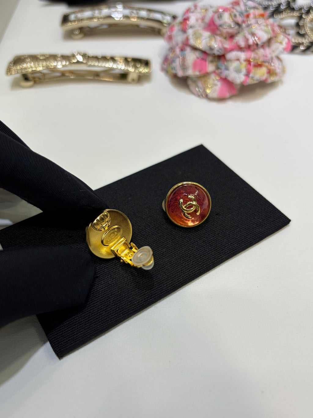 Chanel Gripoix Earrings With Gold Chanel Logo And Red Glass Stones
