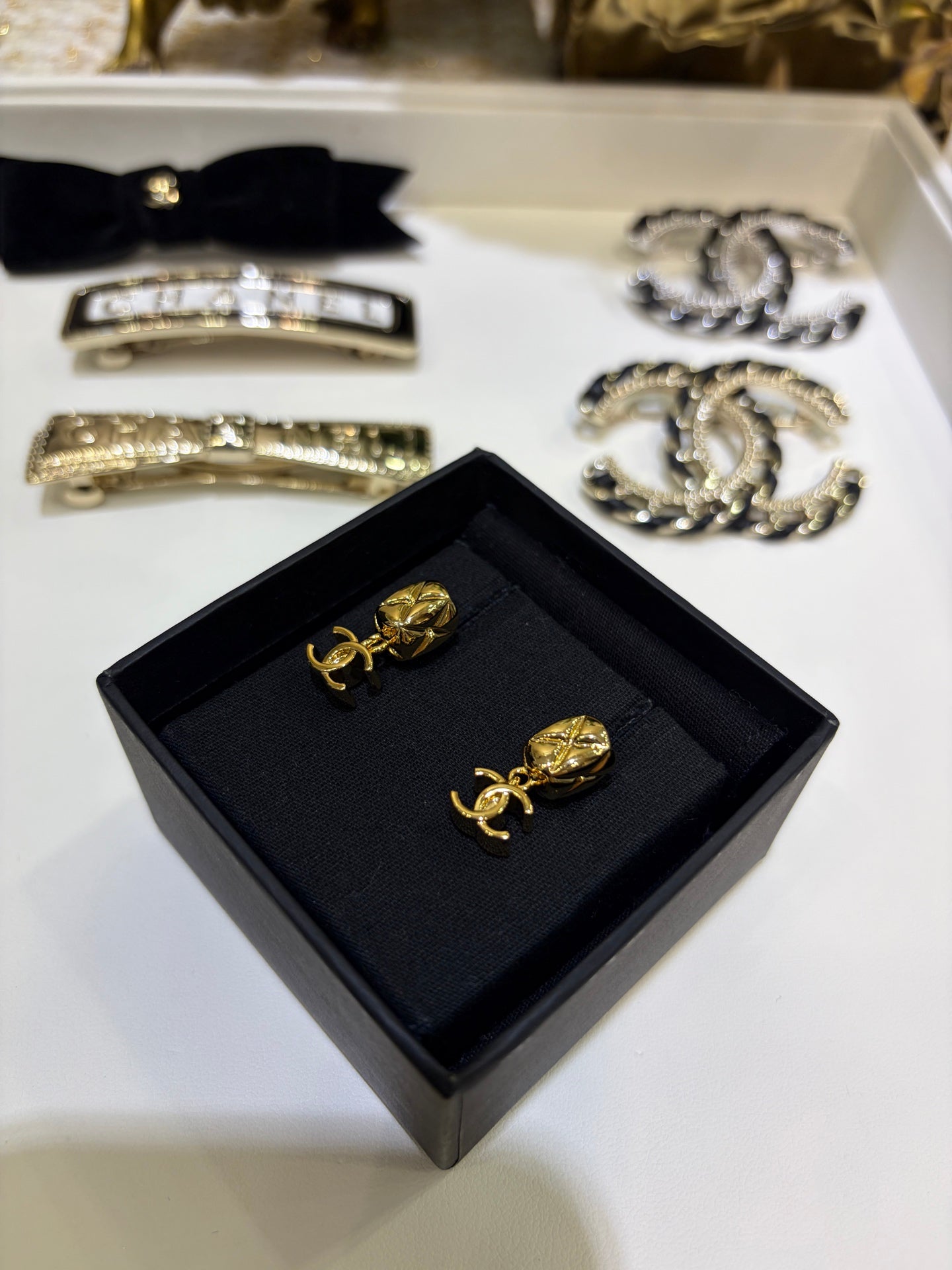 Chanel 2026 Gold Diamond Pattern Small Square Double C Pendant Earrings
