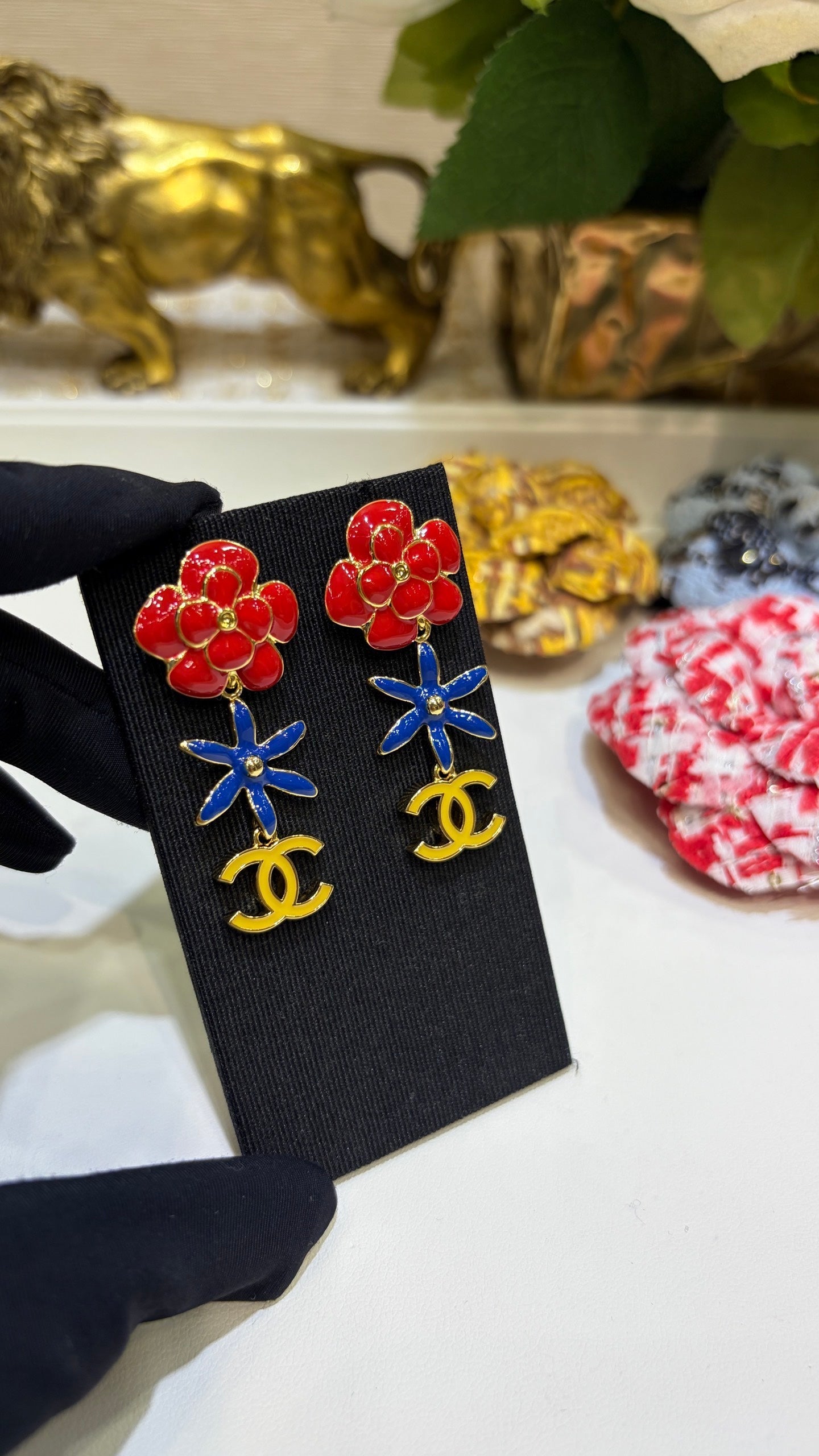 Chanel 2026 Gold Double C Enamel Flower Long Stud Earrings