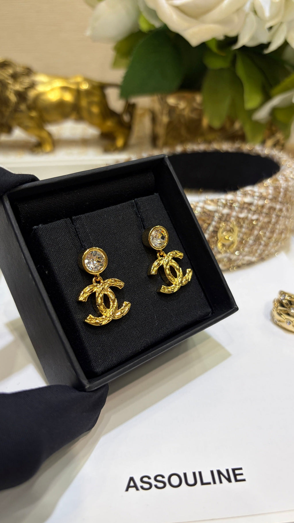 Chanel 2026 Gold Diamond Pattern Double C Crystal Stud Earrings