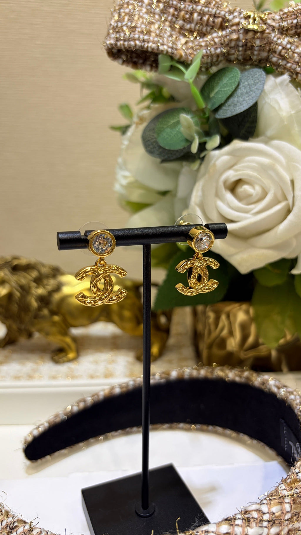 Chanel 2026 Gold Diamond Pattern Double C Crystal Stud Earrings