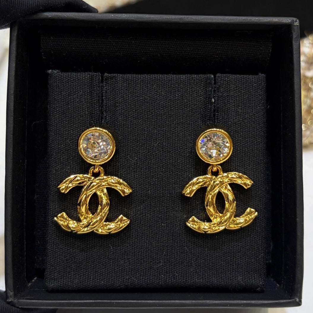 Chanel 2026 Gold Diamond Pattern Double C Crystal Stud Earrings