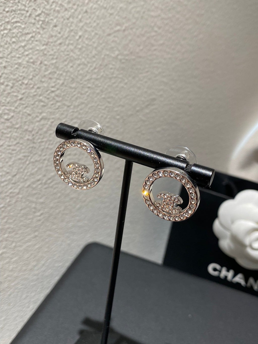Chanel Classic Platinum Rhinestone Stud Sliver Earrings