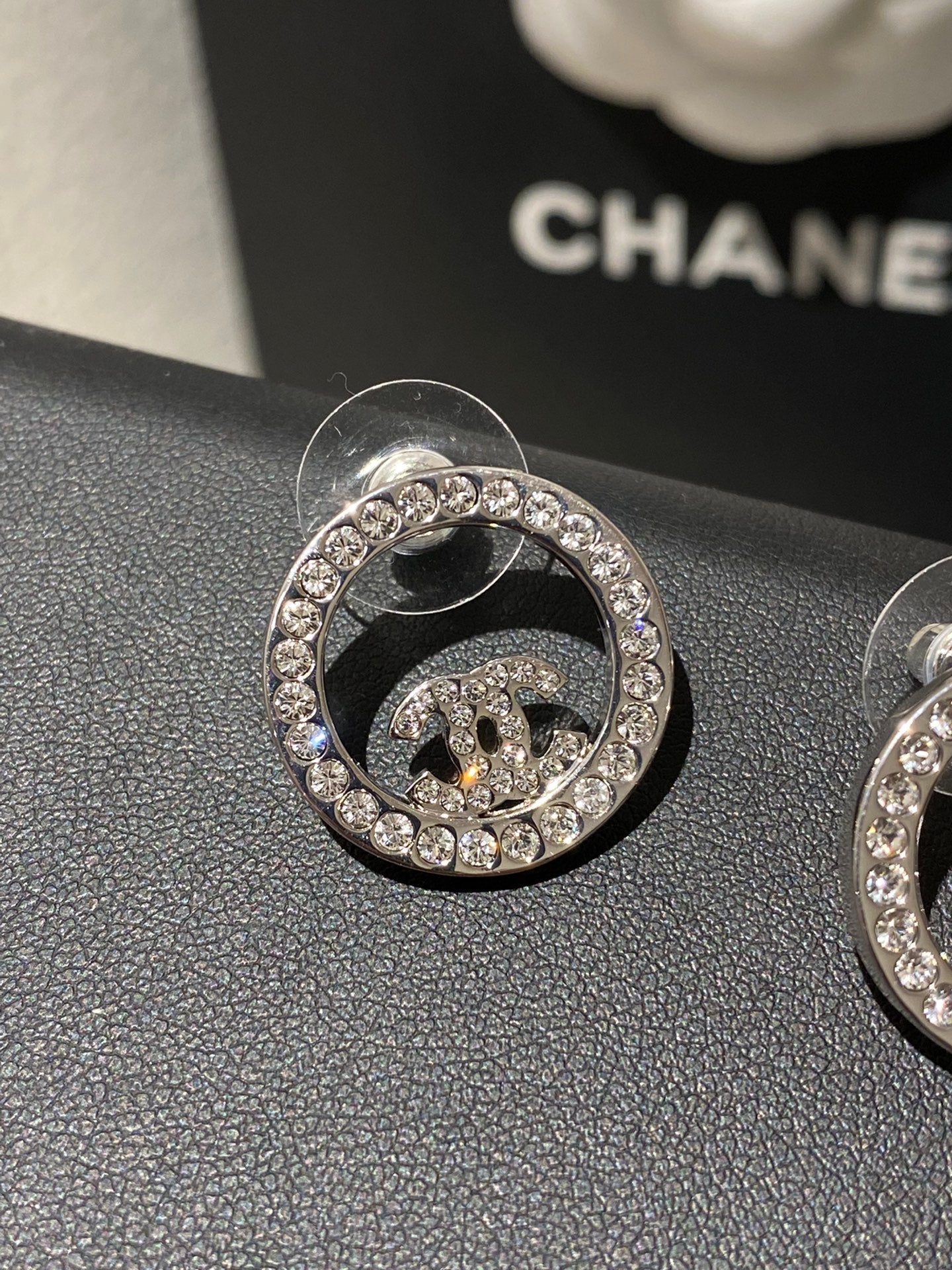 Chanel Classic Platinum Rhinestone Stud Sliver Earrings