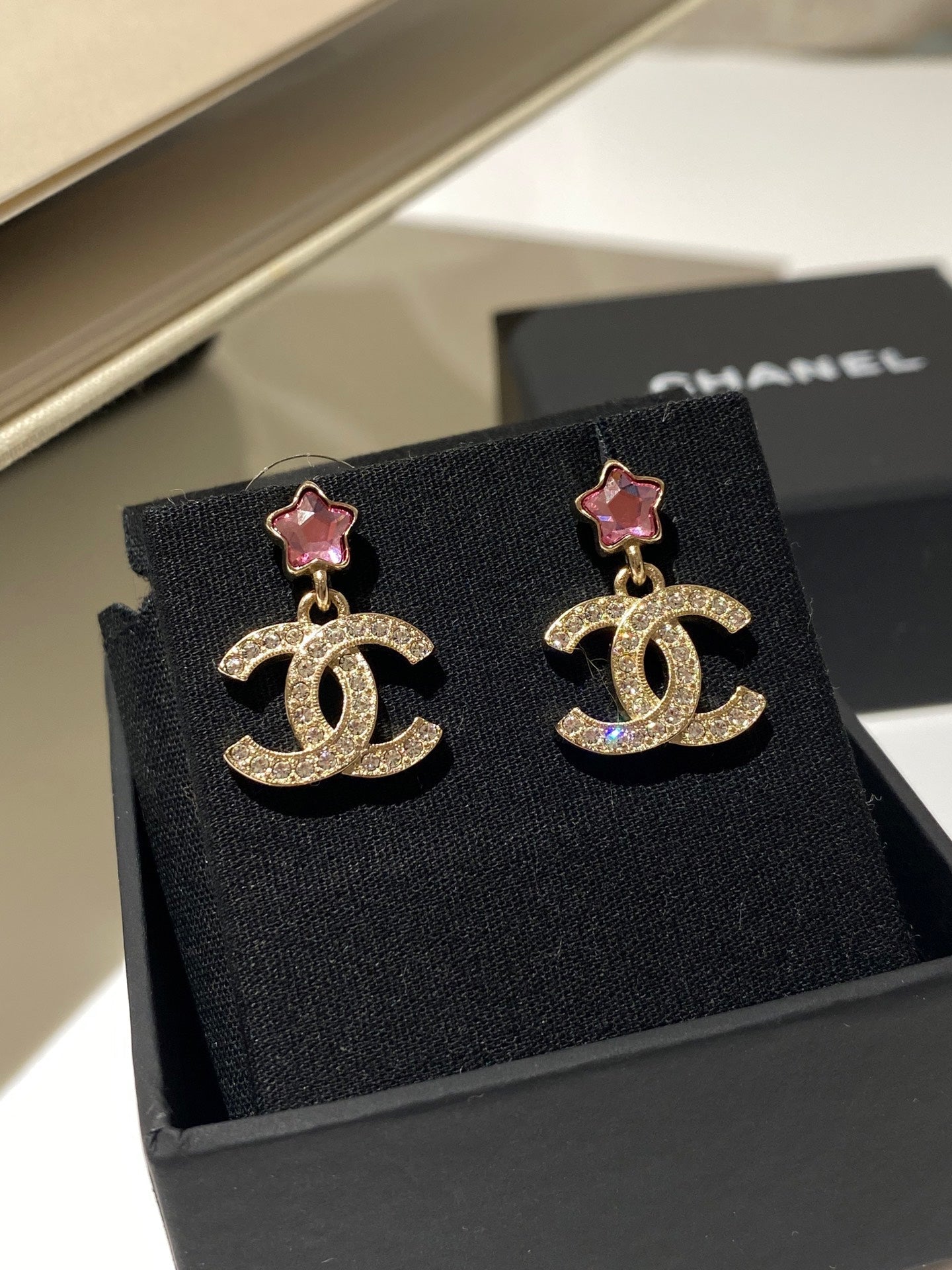 Chanel Pink Star Gold Diamond Earrings