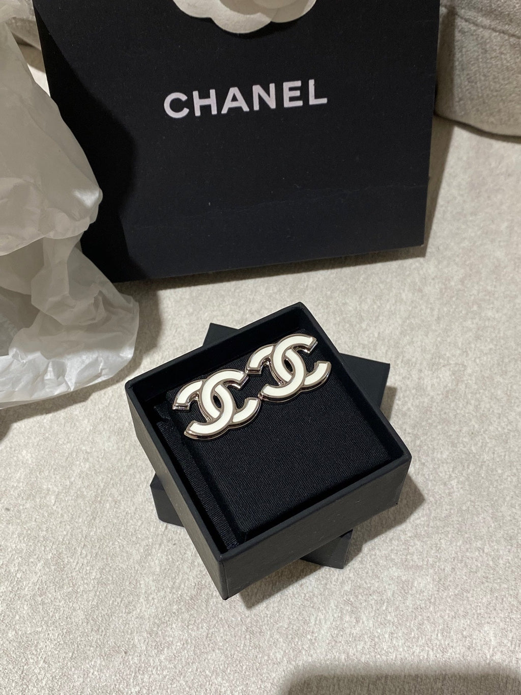 Chanel Classic White Sliver Enamel Double C Earrings