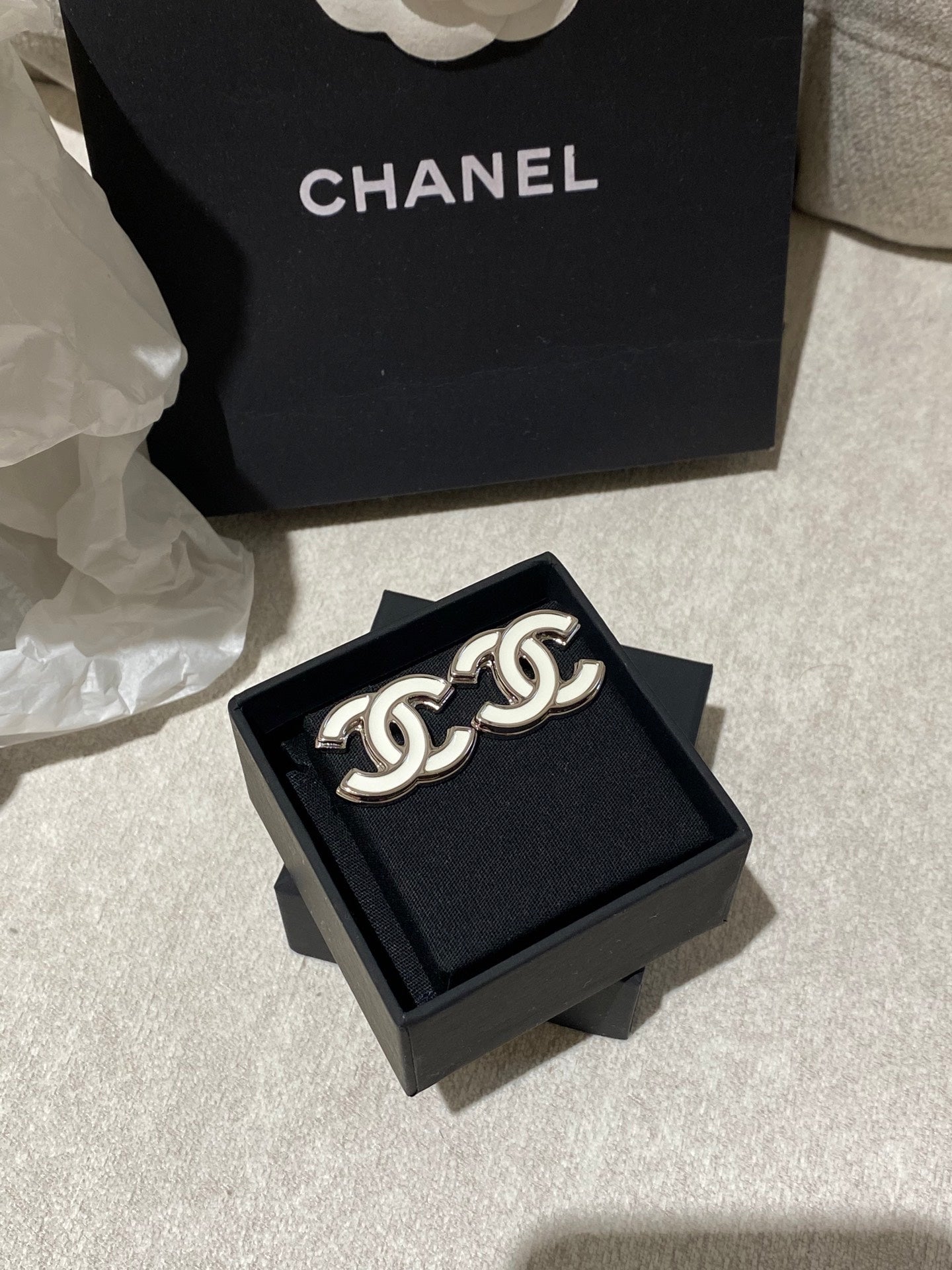 Chanel Classic White Sliver Enamel Double C Earrings