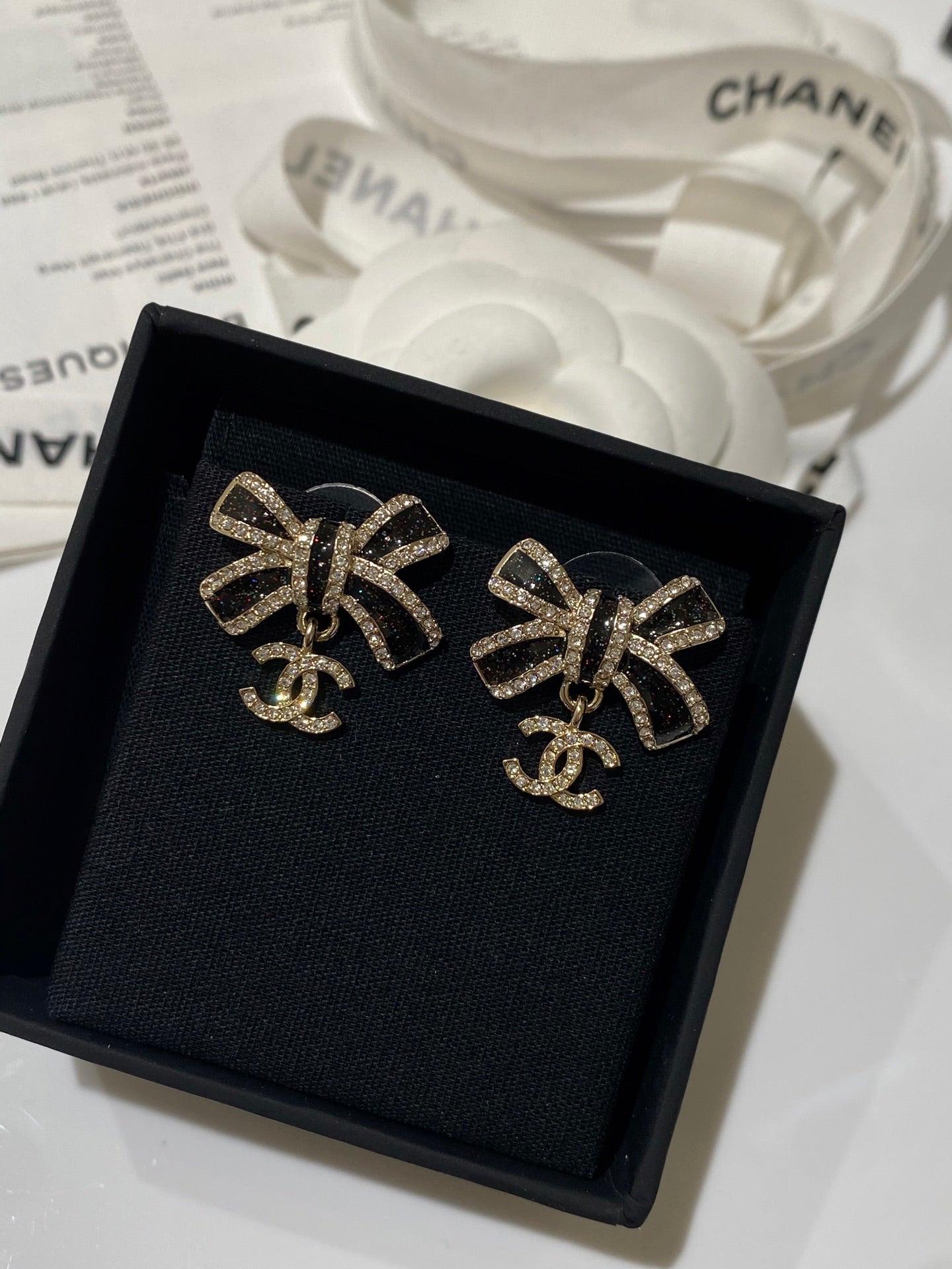 Chanel Crystals Black Enamel Bow Gold Earrings