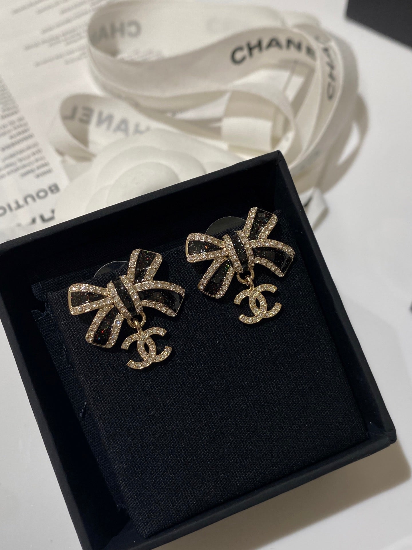 Chanel Crystals Black Enamel Bow Gold Earrings