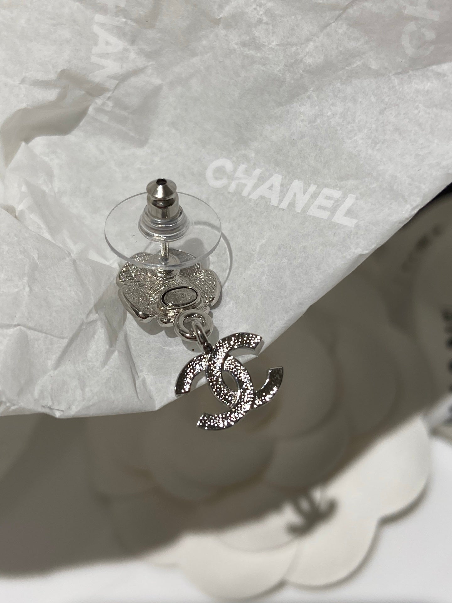 Chanel Flower Pendant Silver Black Diamond Earrings