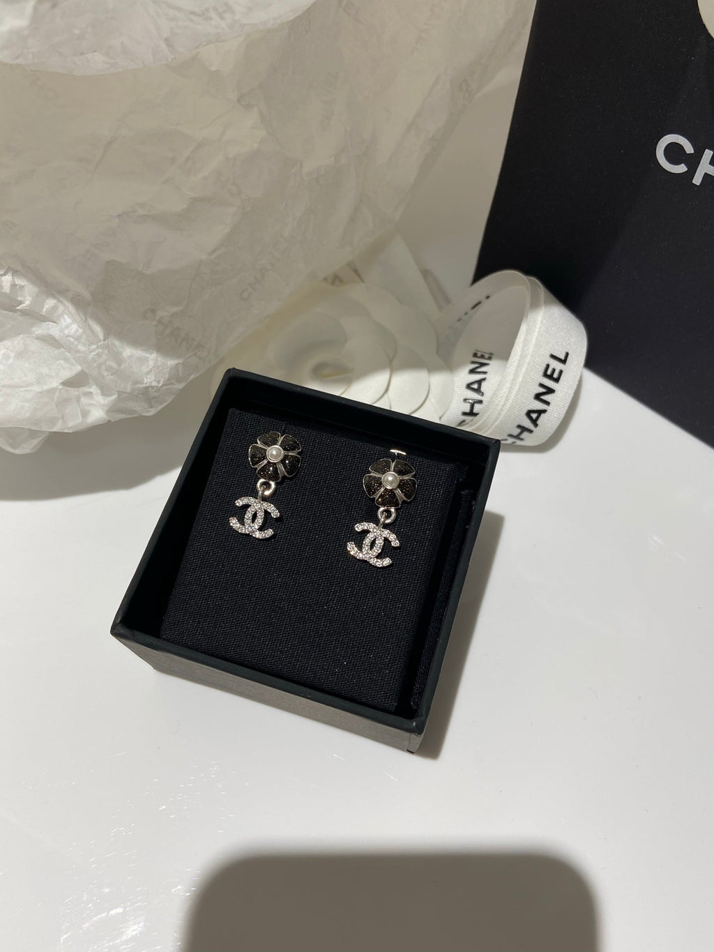 Chanel Flower Pendant Silver Black Diamond Earrings