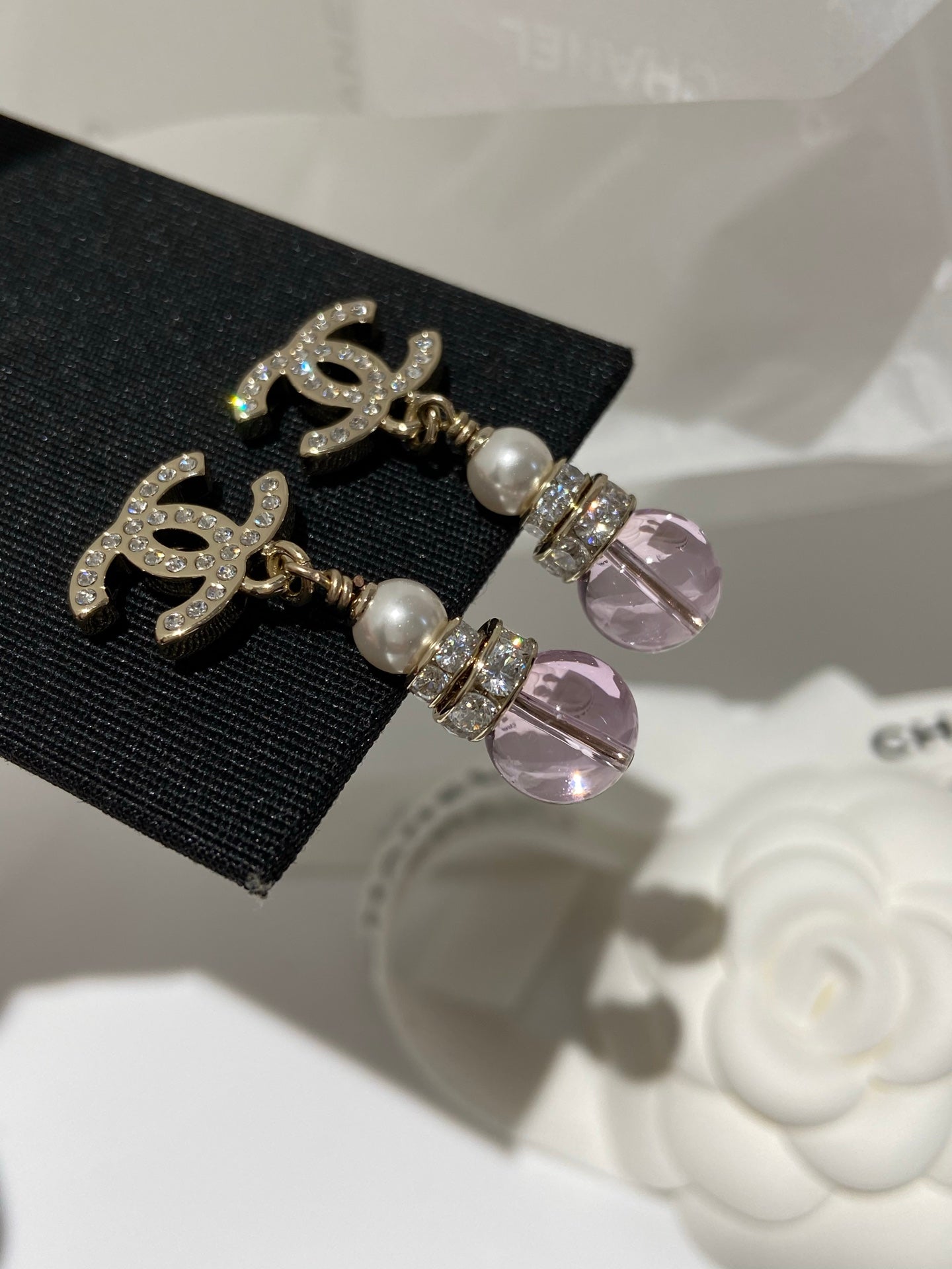 Chanel Pink Crystal Gold Pearl Earrings