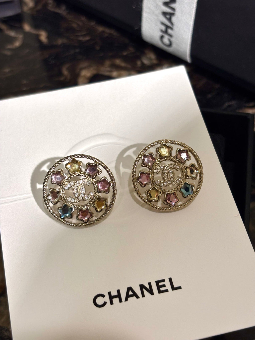 Chanel Colorful Star Openwork Diamond Double C Round Earrings