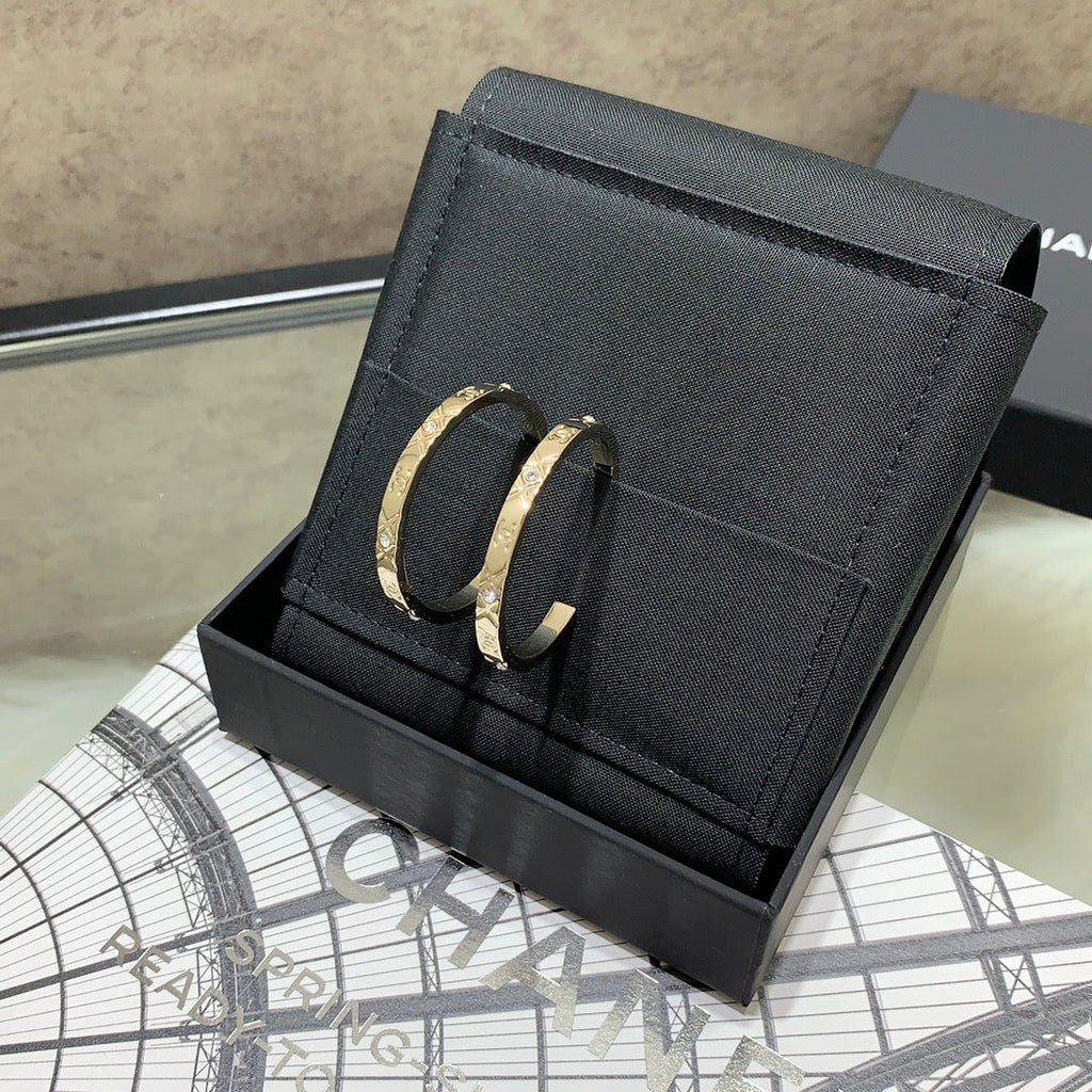 Chanel 2026 Full Diamond Double C Quilted Large Hoop Metal Earrings