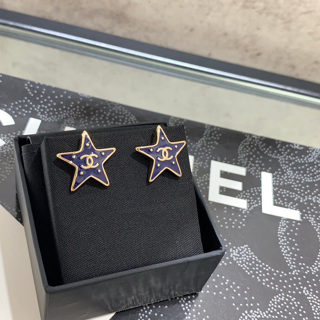 Chanel 2026 Gold Double C Blue Enamel Five-Pointed Star Earrings