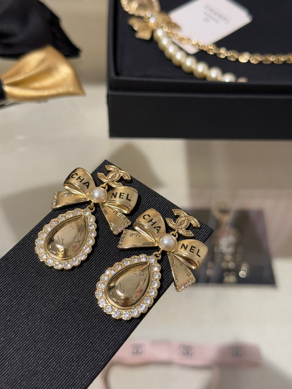 Chanel Gold Bow Pearl Letter Carved Double C Teardrop Crystal Earrings