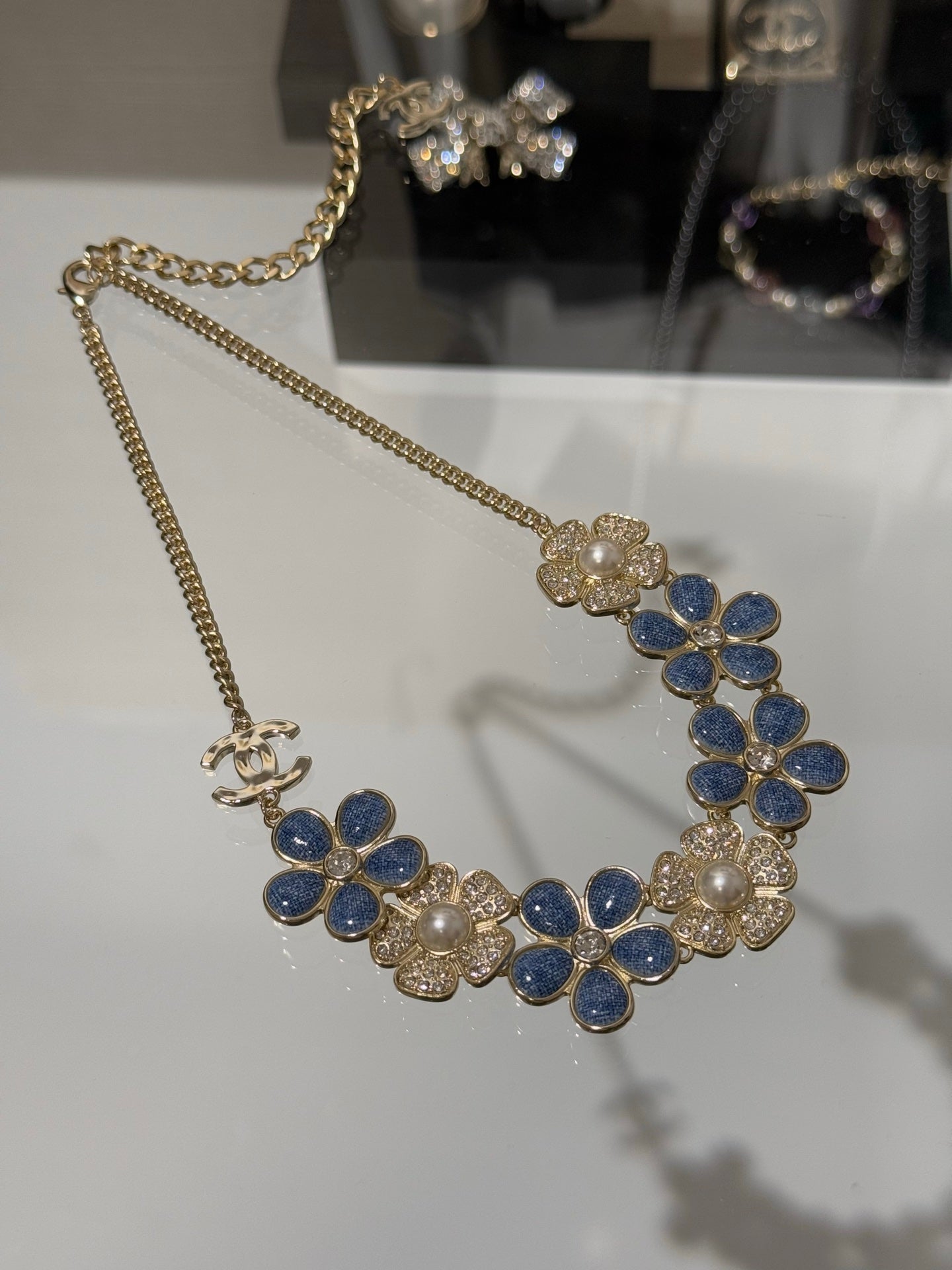 Chanel 2026 Denim Enamel Crystal Light Gold Double C Full Diamond Flower Pearl Necklace