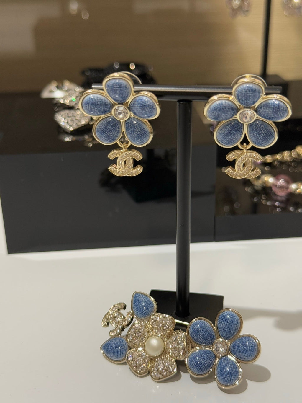 Chanel 2026 Denim Enamel Flower Crystal Light Gold Diamond Earrings