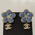 Chanel 2026 Denim Enamel Flower Crystal Light Gold Diamond Earrings