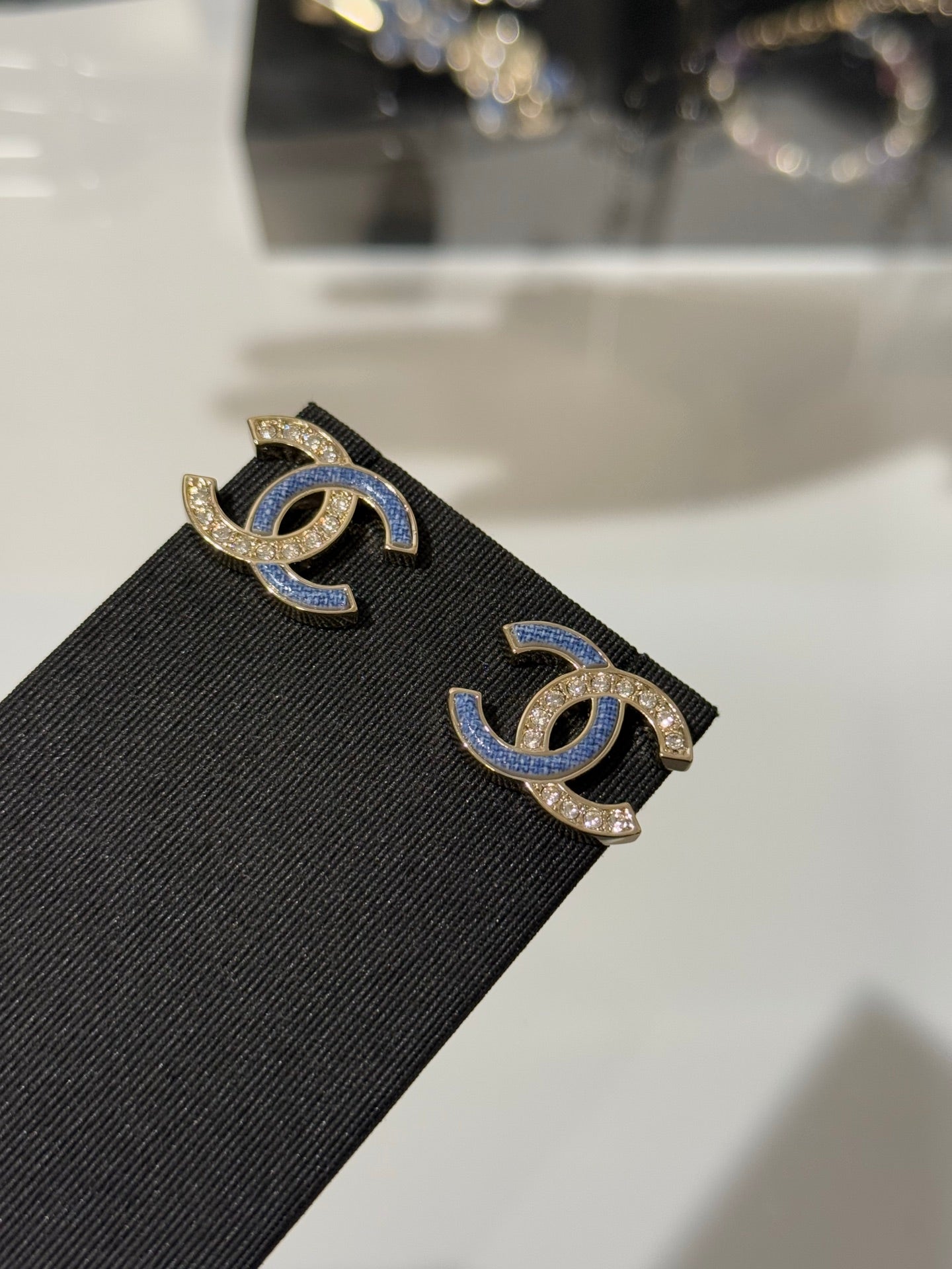 Chanel 2026 Light Gold Denim Patchwork Crystal Double C Stud Earrings