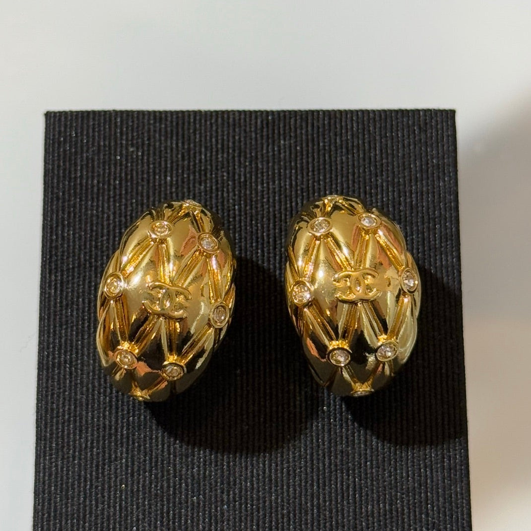 Chanel 2026 Gold Quilted Crystal Diamond Half-Hoop Earrings