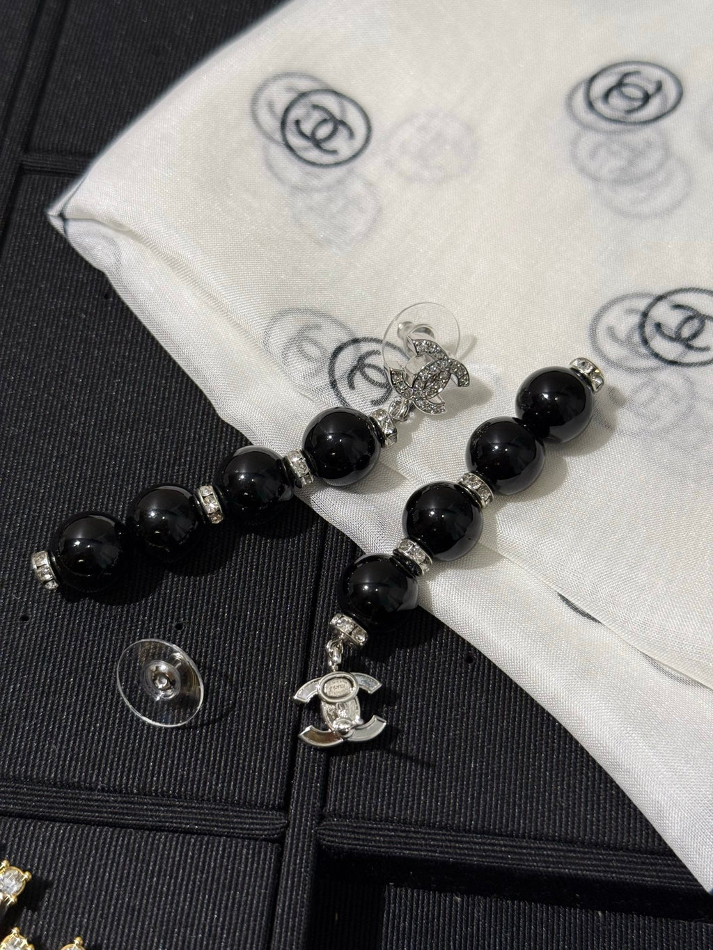 Chanel 2026 Silver Full Diamond Double C Black Bead Long Earrings