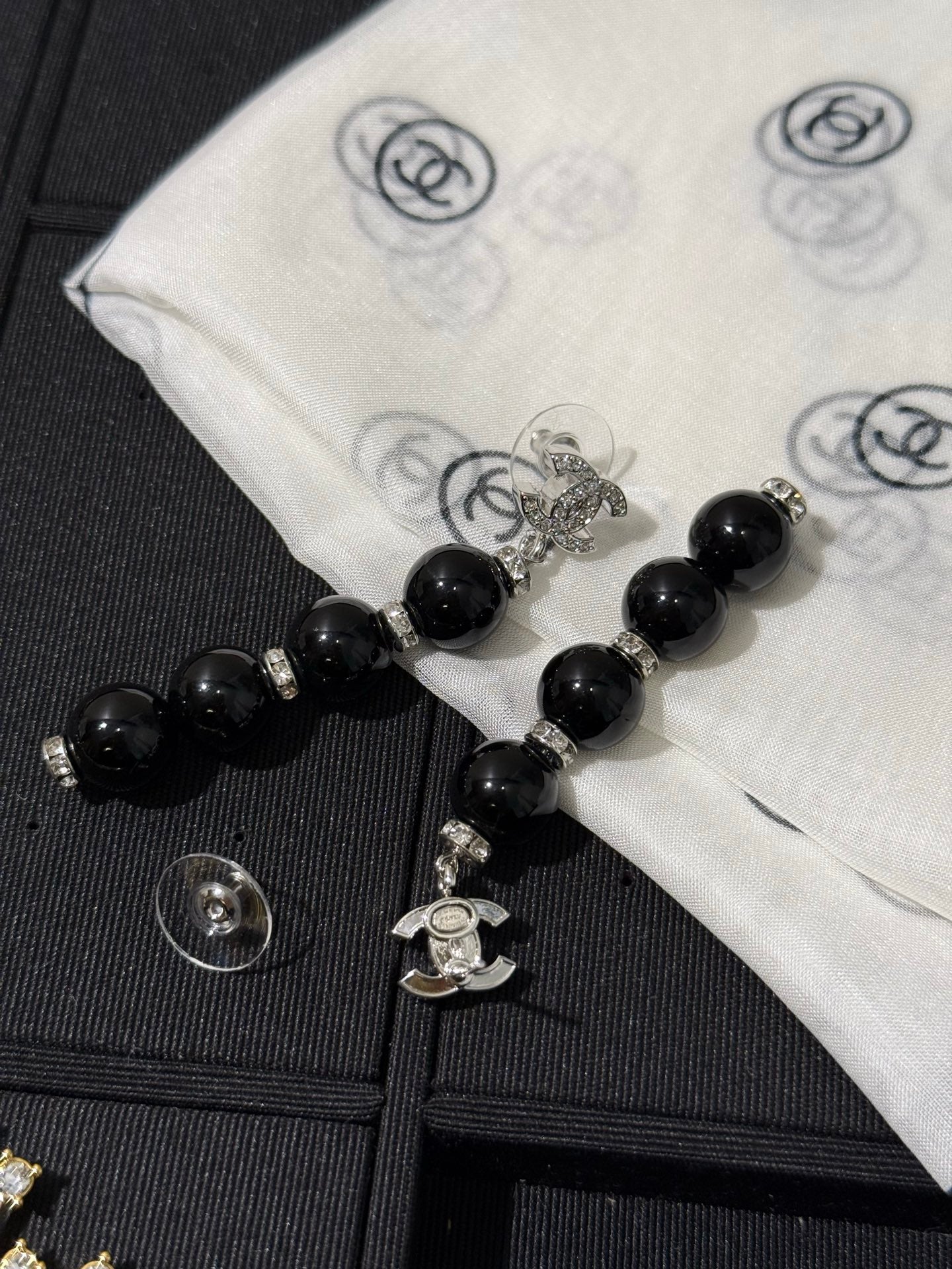 Chanel 2026 Silver Full Diamond Double C Black Bead Long Earrings