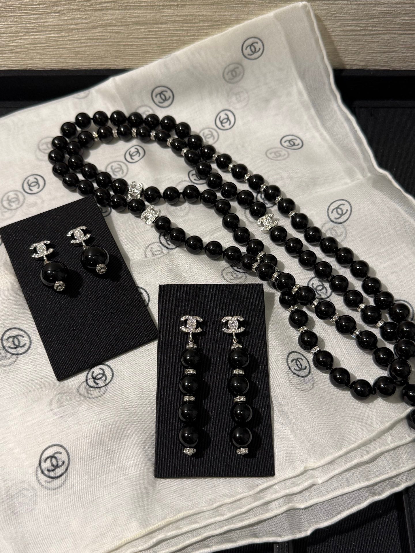 Chanel 2026 Silver Full Diamond Double C Black Bead Long Earrings