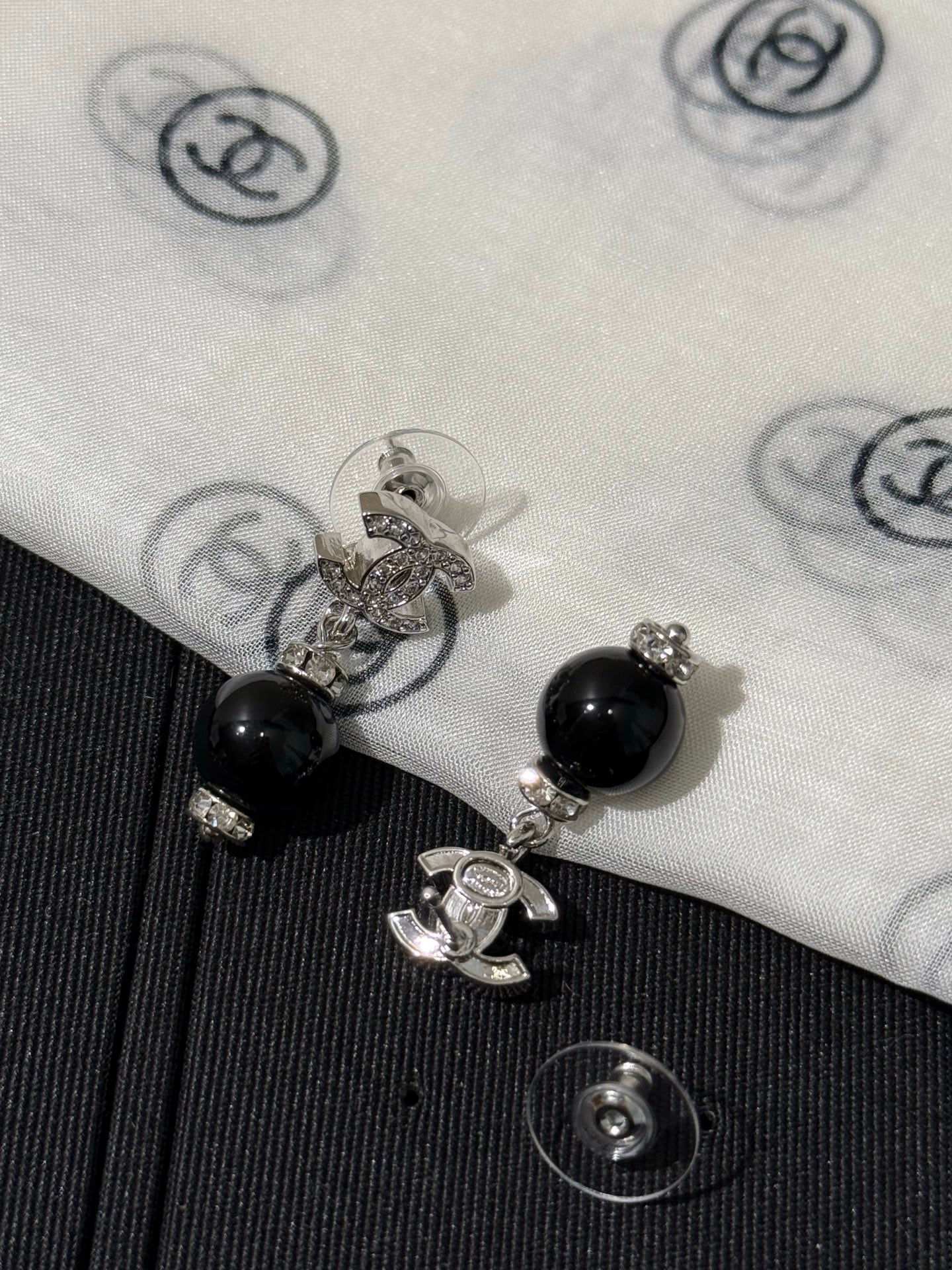 Chanel 2026 Silver Full Diamond Double C Black Bead Earrings