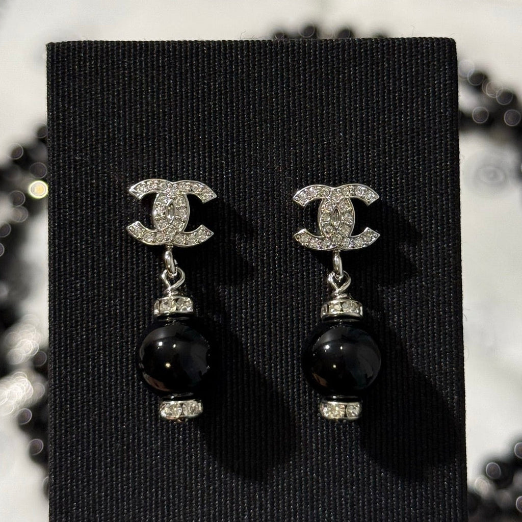 Chanel 2026 Silver Full Diamond Double C Black Bead Earrings