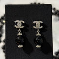 Chanel 2026 Silver Full Diamond Double C Black Bead Earrings