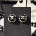Chanel 2026 Black Enamel Bead Silver Double C Rhinestone Stud Earrings