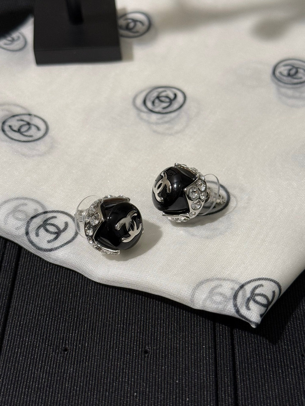 Chanel 2026 Black Enamel Bead Silver Double C Rhinestone Stud Earrings
