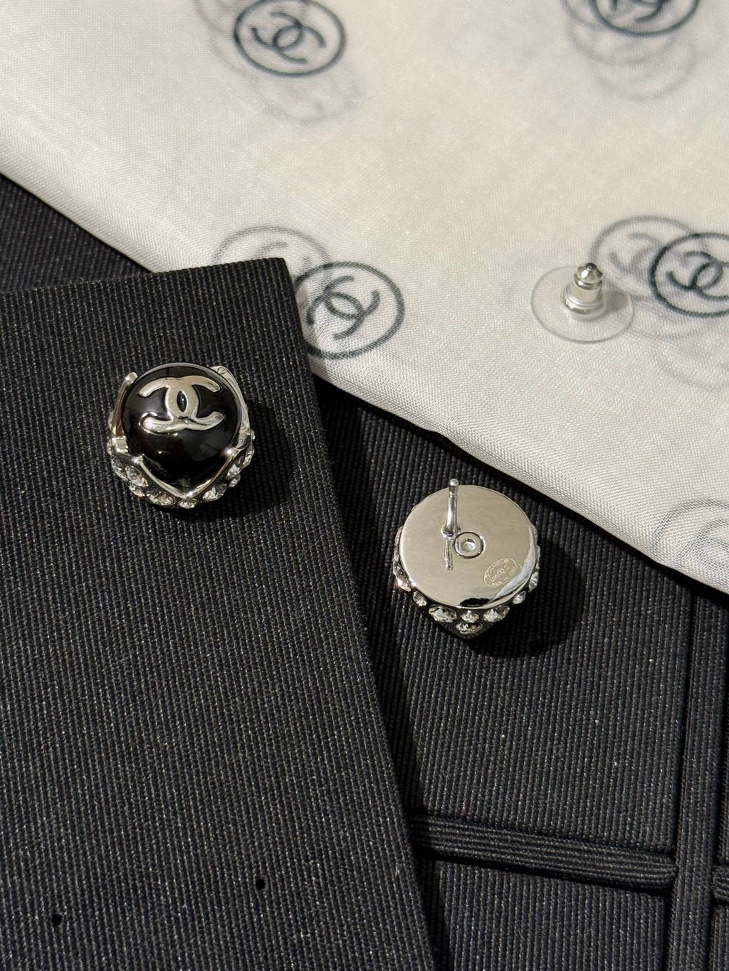 Chanel 2026 Black Enamel Bead Silver Double C Rhinestone Stud Earrings