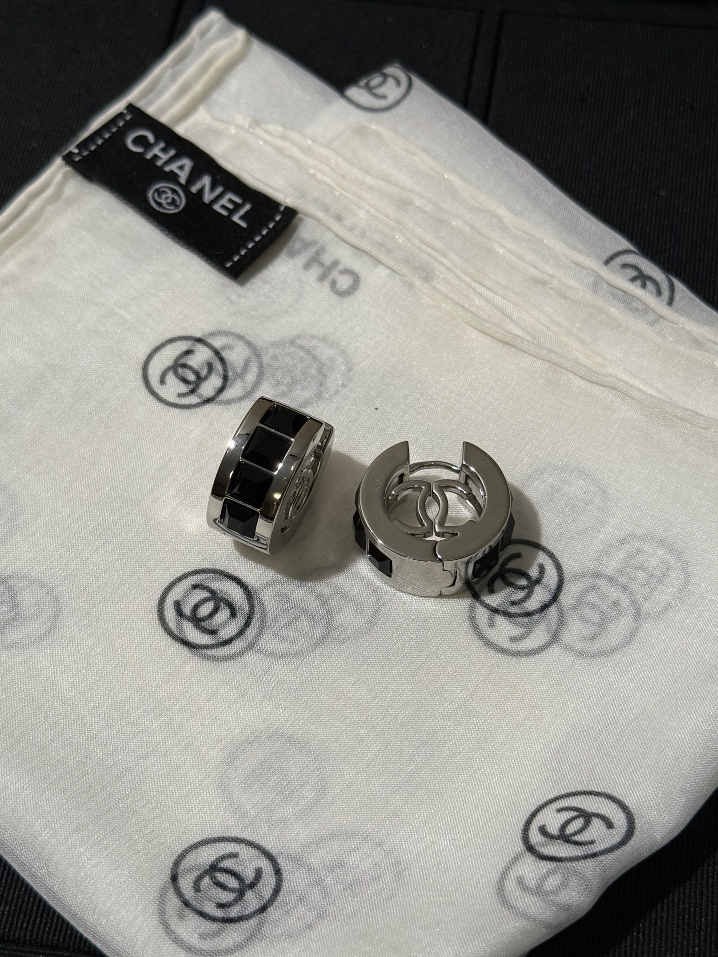 Chanel 2026 Black Square Diamond Silver Double C Hoop Earrings Stud Earrings
