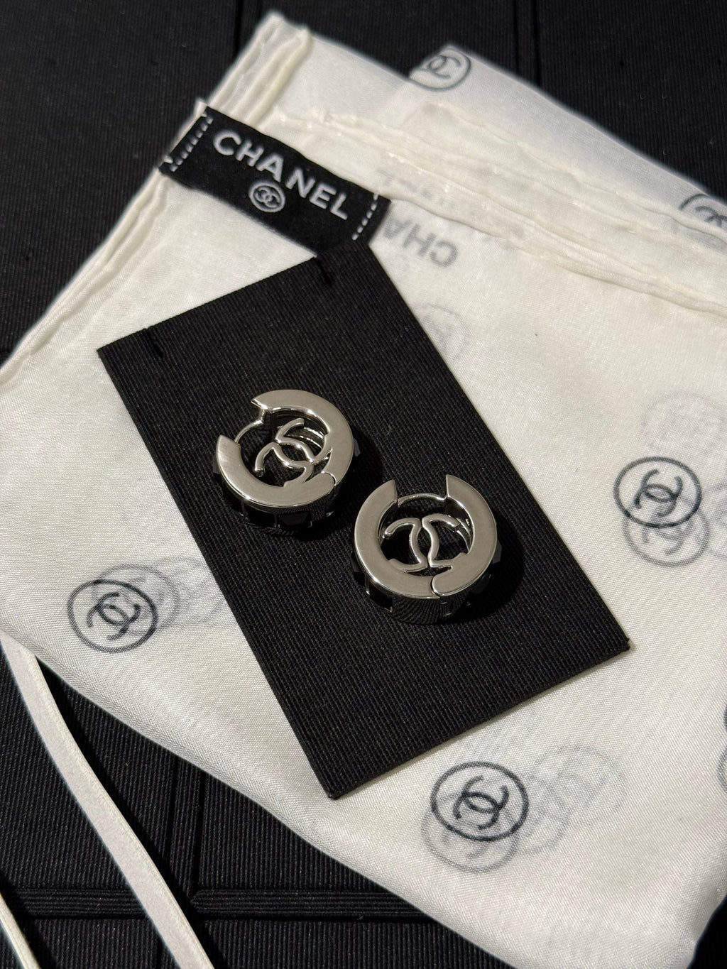 Chanel 2026 Black Square Diamond Silver Double C Hoop Earrings Stud Earrings