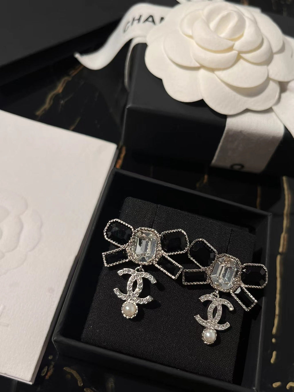 Chanel Black Diamond Square Diamond Panda Two-Tone Double C Pearl Stud Earrings