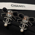 Chanel Black Diamond Square Diamond Panda Two-Tone Double C Pearl Stud Earrings