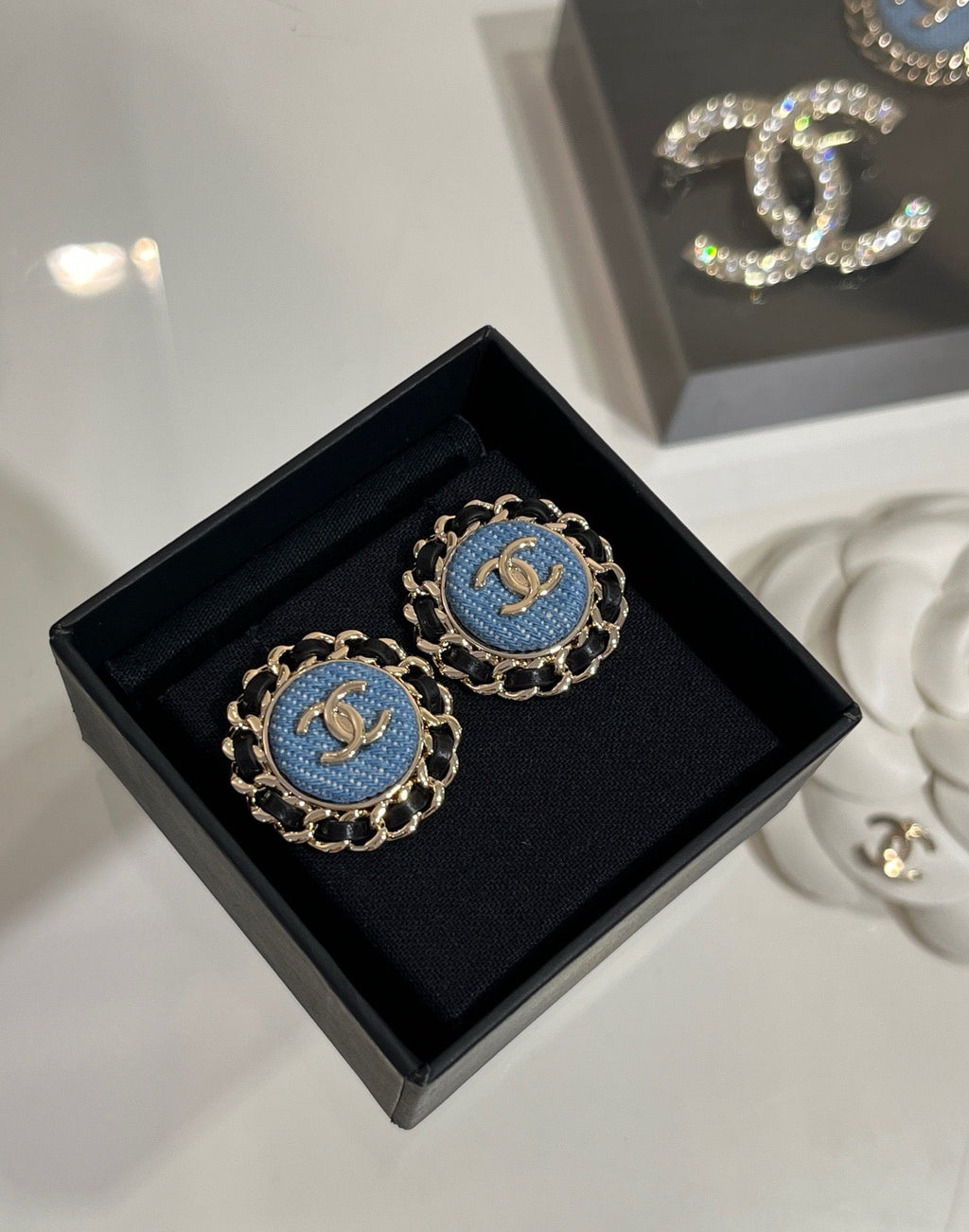 Chanel Gold Double C Leather-Threaded Chain Denim Round Stud Earrings