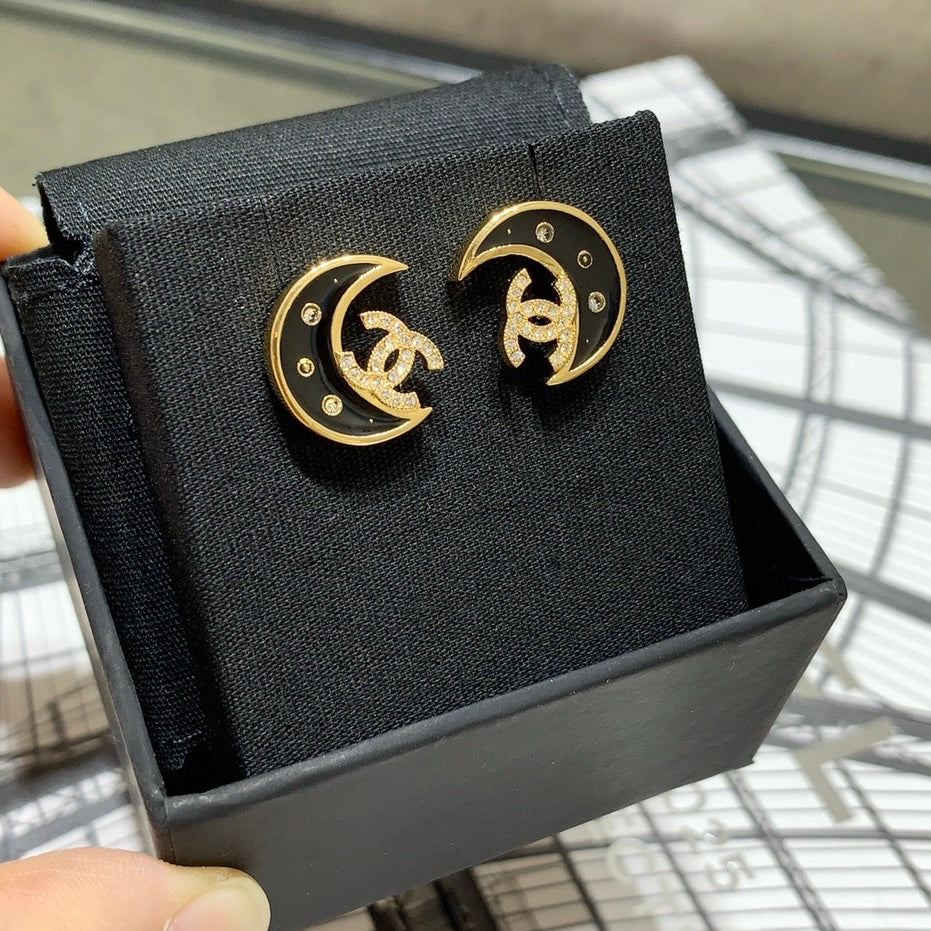 Chanel Black Enamel Full Diamond Double C Moon Earrings