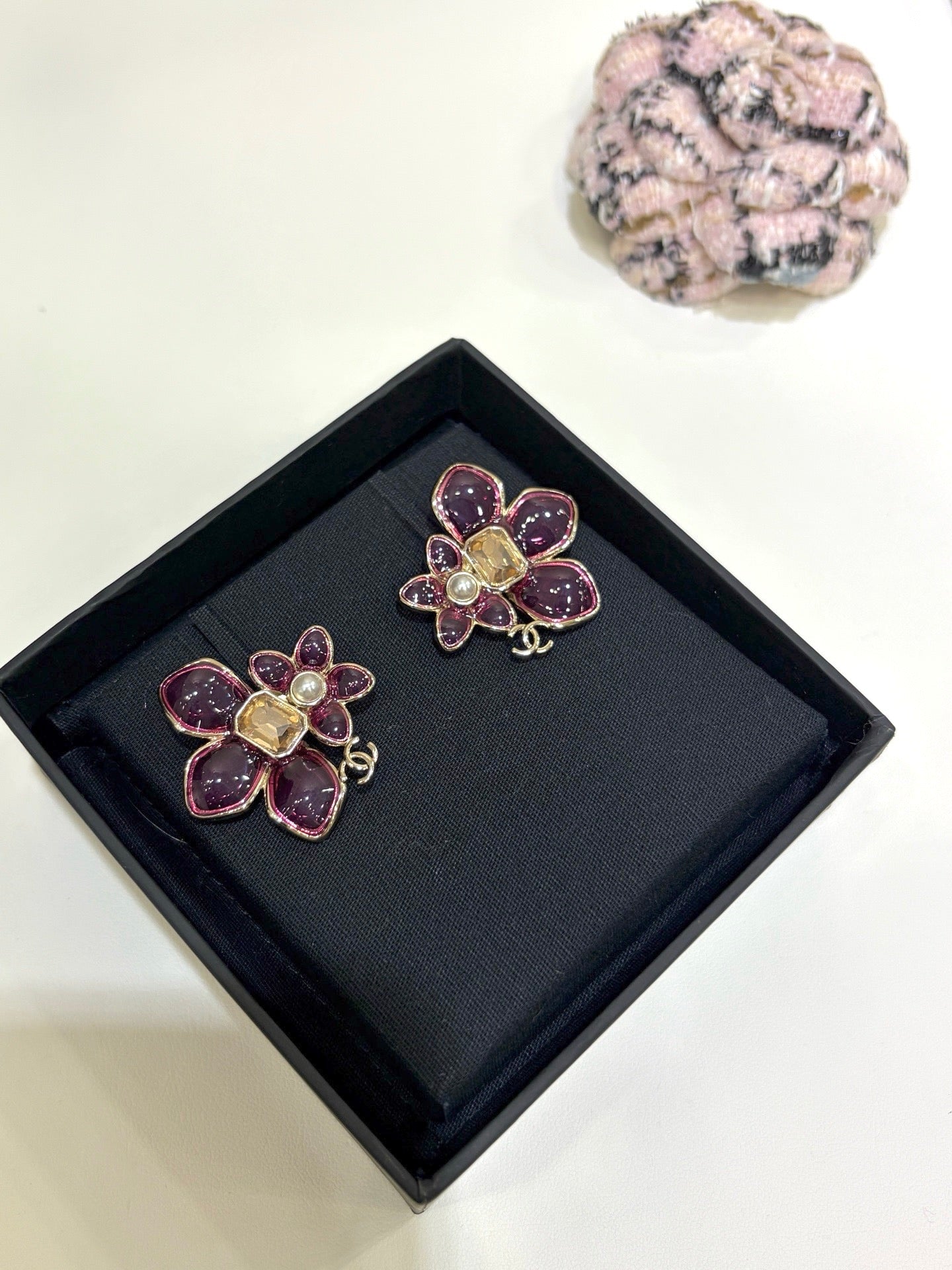 Chanel 2026 Double C Pink Asymmetrical Flower Stud Earrings
