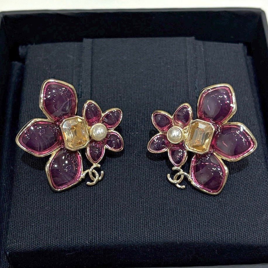 Chanel 2026 Double C Pink Asymmetrical Flower Stud Earrings