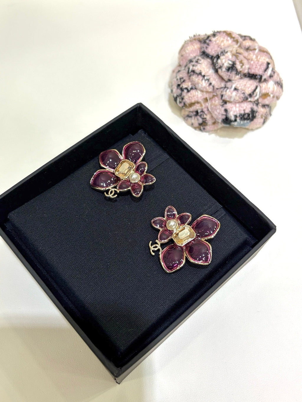 Chanel 2026 Double C Pink Asymmetrical Flower Stud Earrings