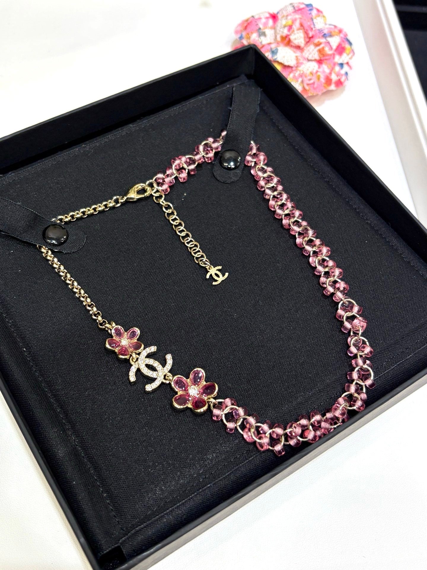 Chanel 2026 Double C Pink Acrylic Flower Beaded Necklace