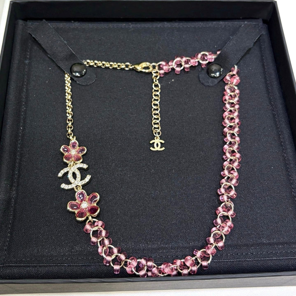 Chanel 2026 Double C Pink Acrylic Flower Beaded Necklace