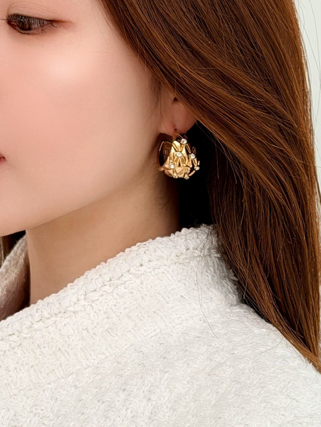 Chanel 2026 Gold Quilted Crystal Diamond Half-Hoop Earrings