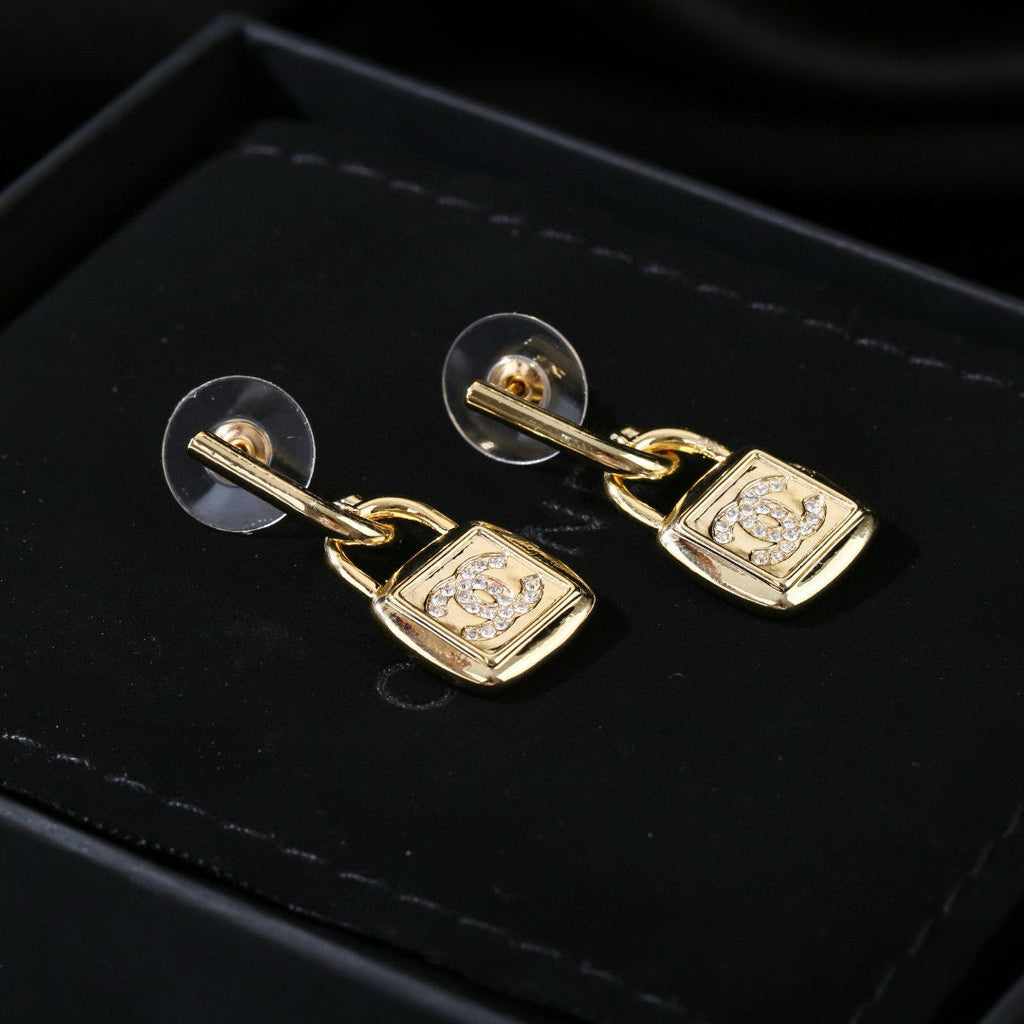 Chanel Lock Shaped Gold Diamond Earring