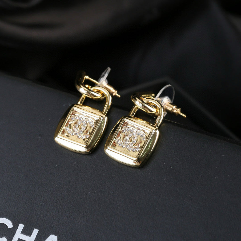 Chanel Lock Shaped Gold Diamond Earring